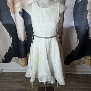 Rare Editions Ivory Lace High-Low Dress with Beaded Belt